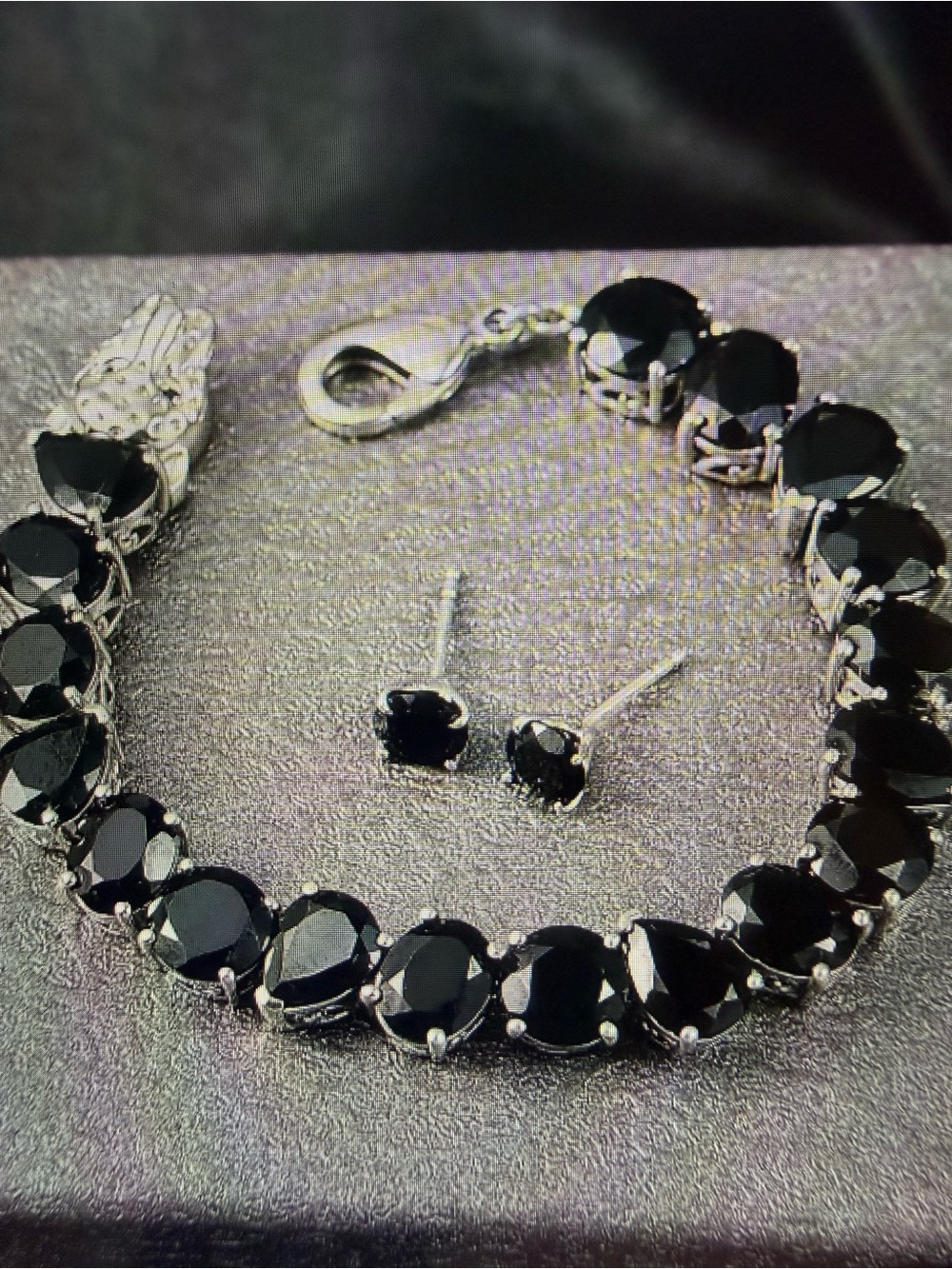 Elegant Black Spinel Tennis Bracelet with Panther Clasp Matching Stud Earrings